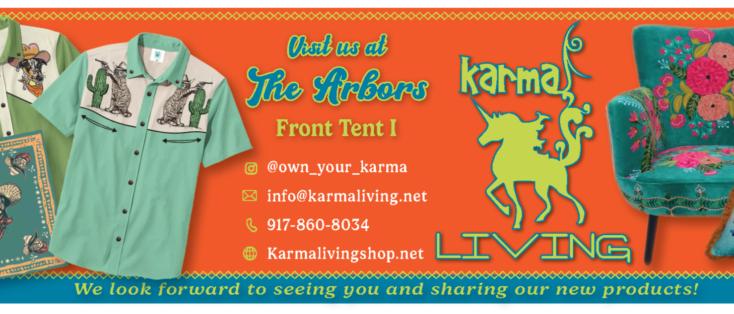 Promotional banner for Karma Living with colorful furniture and products on an orange background